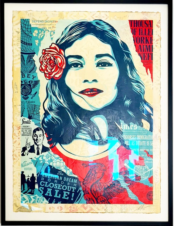 Shepard Fairey, hybrid stencil-on-screenprint work from recent series. These newer pieces combine the energy of street art with studio discipline. Featured in "Out of Print" at Beyond the Streets. Courtesy Obey Giant.