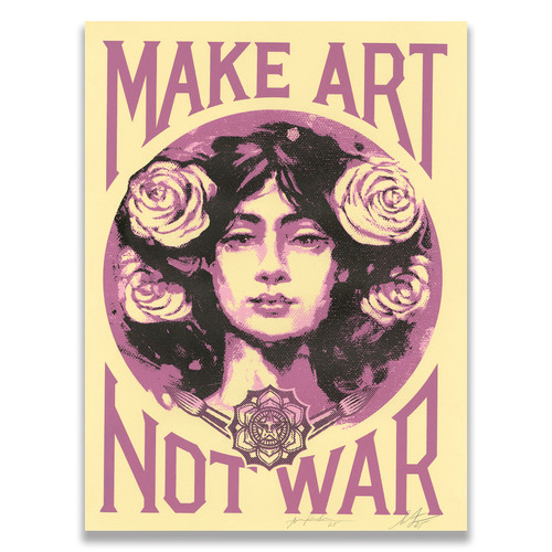 Shepard Fairey, Make Art Not War, hand-painted multiple (HPM). Silkscreen and collage on paper, 30 × 41 inches. Featured in the "Facing the Giant" museum tour. Courtesy Obey Giant.